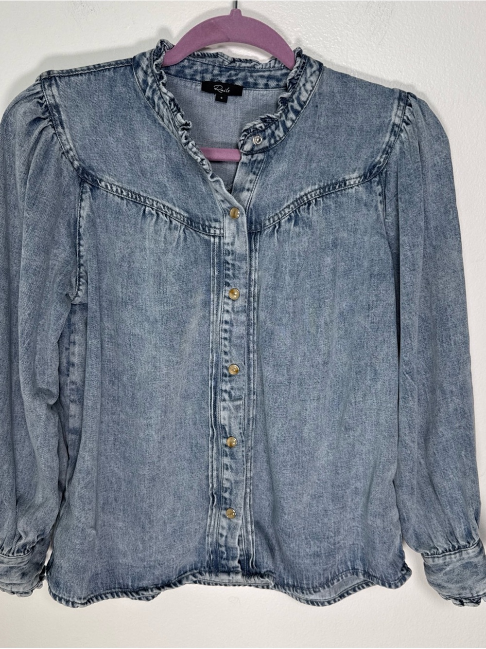 Rails Washed Light Blue Denim Ruffle-Neck Button Down - Picture 2 of 10
